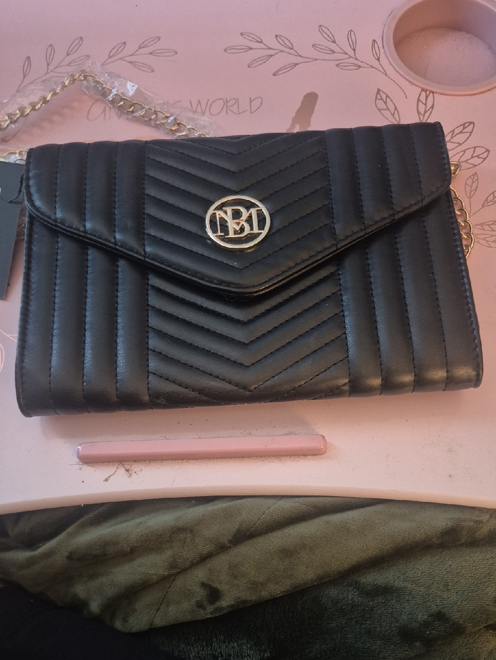 Quilted Black Chain Shoulder Bag with Gold Logo
